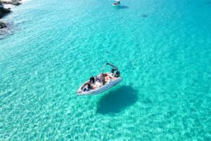Self drive boat rental Malta at Comino Blue Lagoon with turquoise water