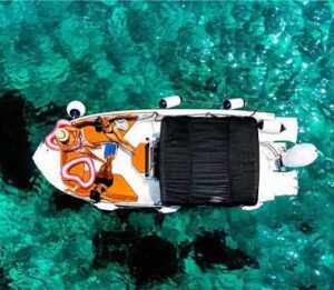 Drone view self drive boat Blue Lagoon Malta
