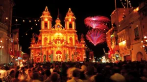 Traditional Maltese festa fireworks lighting up the night sky in Malta.
